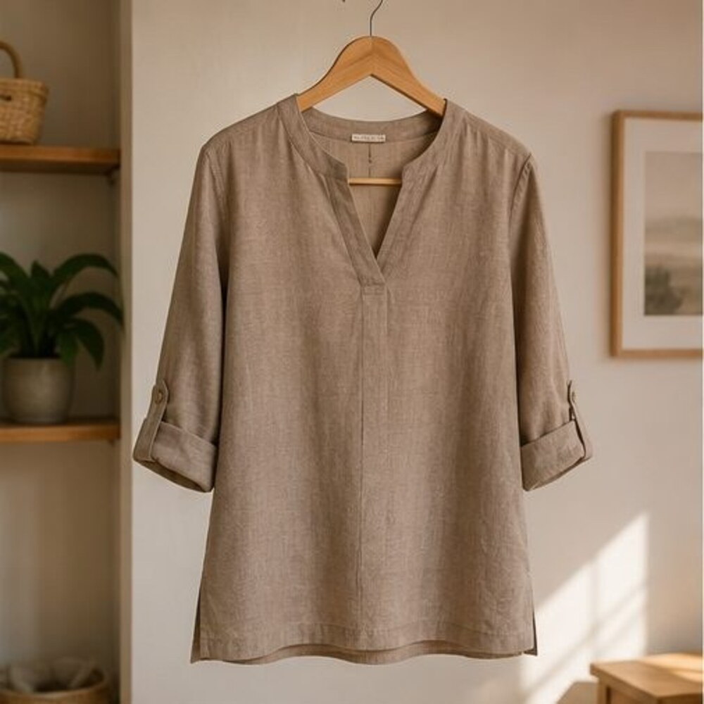 Taupe Linen Notch Neck Blouse